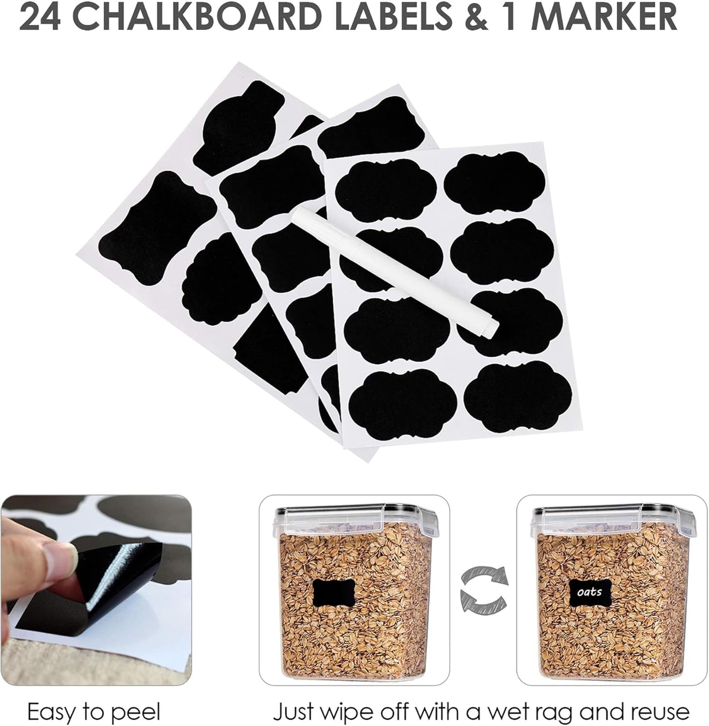 ชุดภาชนะเก็บอาหารปิดสนิท 12 ชิ้น 1.5 ควอร์ต (1.6 ลิตร) – ปลอดภัยจาก BPA เก็บน้ำตาล แป้ง และวัตถุดิบทำอาหาร – ใช้ในเครื่องล้างจานได้ – พร้อมสติ๊กเกอร์ชื่อ 24 แผ่น (สีดำ)